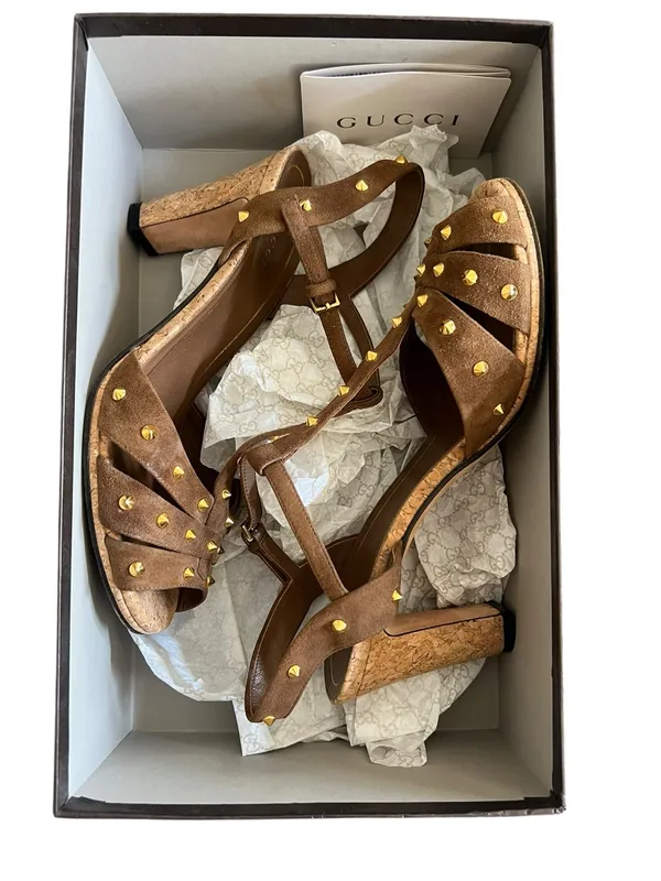 Gucci Women’s Jacquelyne Brown Suede Gold Studded Cork Block Heels Size 39 - Image 12