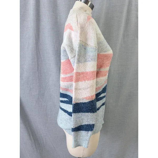 Monsoon Abstract Landscape Pastel Mock Neck Pullover‎ Sweater Pink Blue Small - Image 4