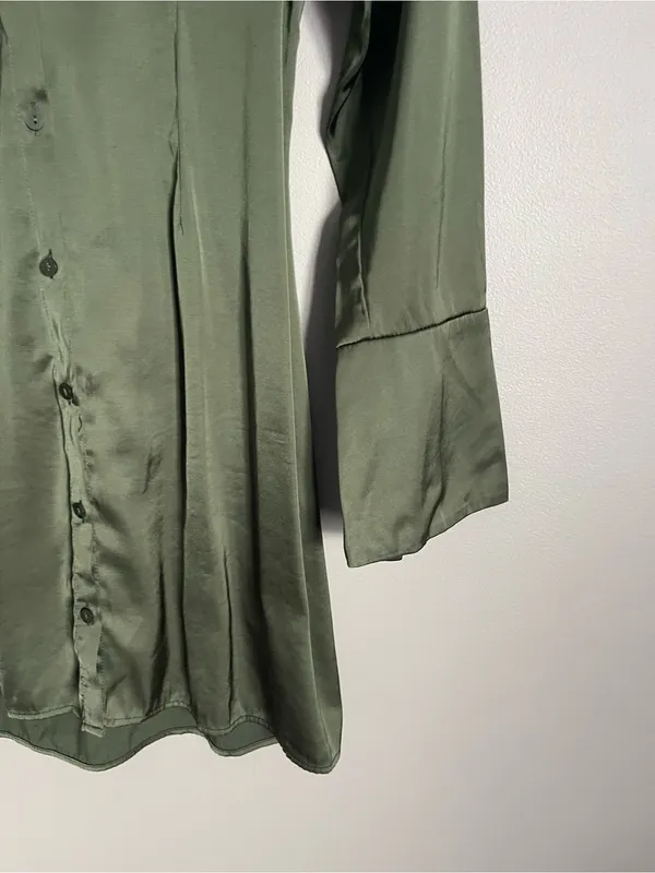 ABERCROMBIE & FITCH Olive Green Satin Button-Front Long Sleeve Mini Dress Sz XS - Image 4