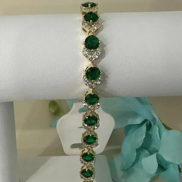 14K Gold Plated Womens Bracelet Icy Green &‎ Clear C. Zirconia Oro Laminado 7'' - Image 6