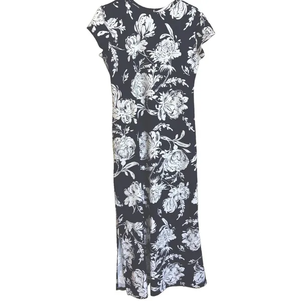 Acting Pro Women's Navy White Floral Maxi Dress Long Side Slits Short Sleeves - Image 2
