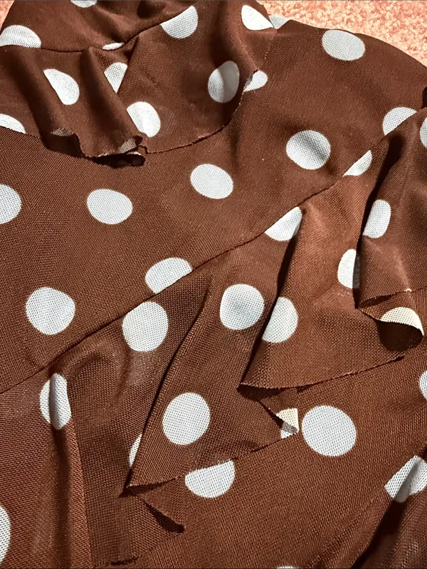 Polka Dot Brown Crop Top with Light Blue Dots Strapless Ruffles Y2K - Image 2