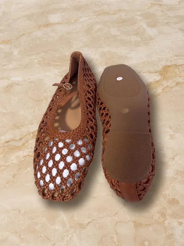 Women’s Cognac Brown Woven Mesh Mary Jane Flats – Square Toe Elastic Strap Shoes Size 10 NWT - Image 2