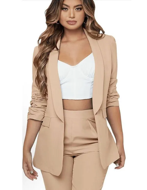 SweatyRocks NEW Tan 2 Pc Ruched Sleeve Blazer & Pant Career Suit Set M - Image 5