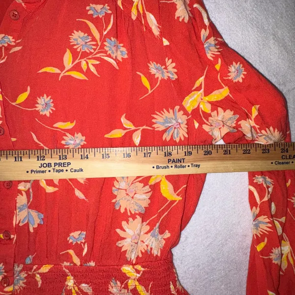 Free People‎ Ruthie Coral Floral Print Button Front Mini Shirt Dress flowy Large - Image 9