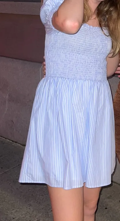 Boutique blue and white striped smocked mini dress - Image 3