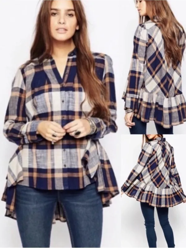 Free People Womens Size Med Peppy in Plaid Button Up Blouse Top Ruffle OB412734 - Image 2
