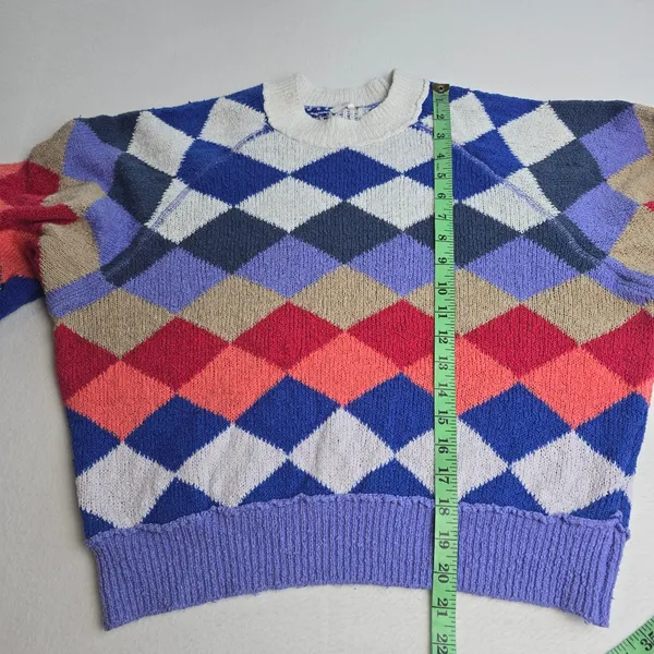 Free People Argyle Knit Sweater Blue Red Purple Diamond Pullover Small OB1255551 - Image 7
