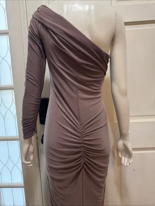 Club L London Brown Ruched Twist Bardot Maternity Midi Dress One-Shoulder Size 8 - Image 10