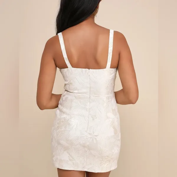 LULUS Shine for Us Cream Metallic Tropical Jacquard Mini Dress - Image 2