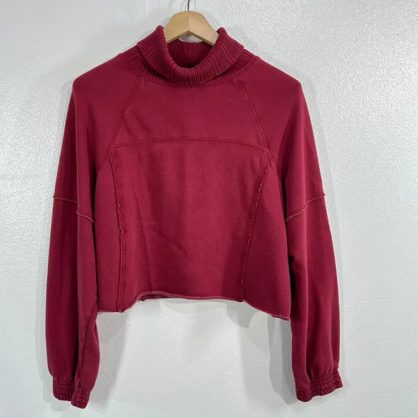 Aerie New Heights Cropped‎ Turtleneck Sweatshirt Burgundy Exposed Seam Raw Hem M - Image 3