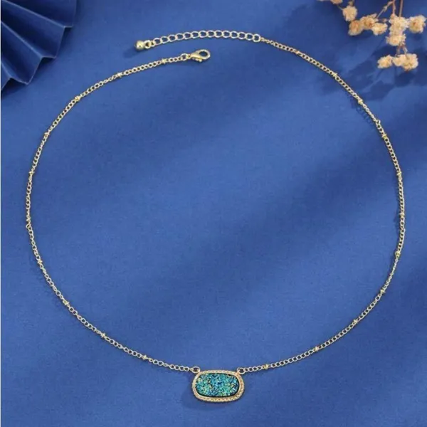 Green Sparkle Oval Pendant Necklace Gold - Image 2