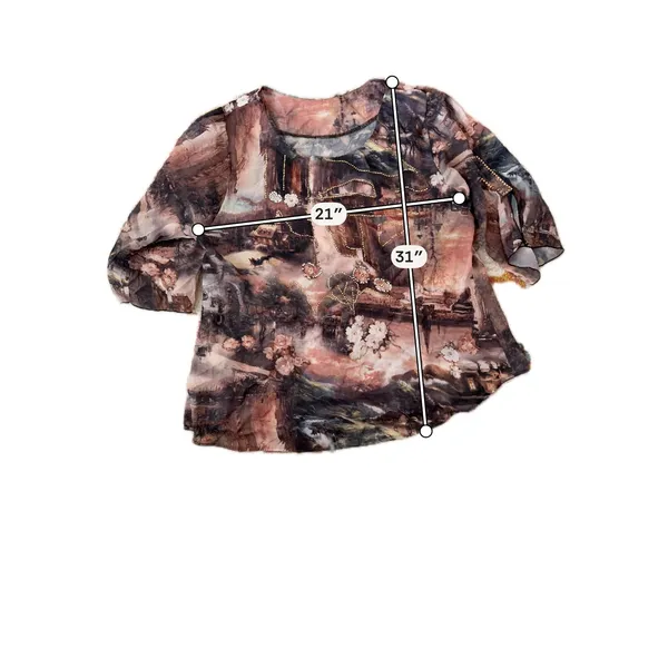 Vintage Sheer Landscape Floral Beaded Blouse Brown Earthy Art Print Top - Image 3