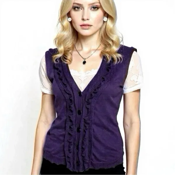 The Limited Sweater Vest Womens Sz M Plum Knit Cotton Sleeveless V Neck Buttoned - Image 11