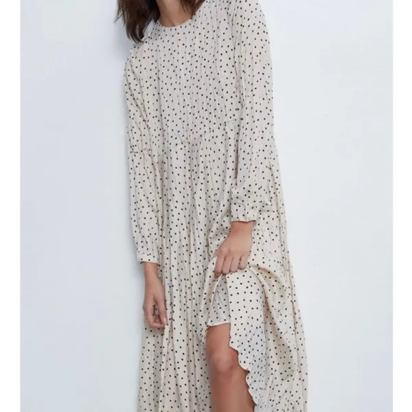 Zara Dress Cream Black Polka Dot Midi Long Sleeve Empire Waist Oversized Size S - Image 13
