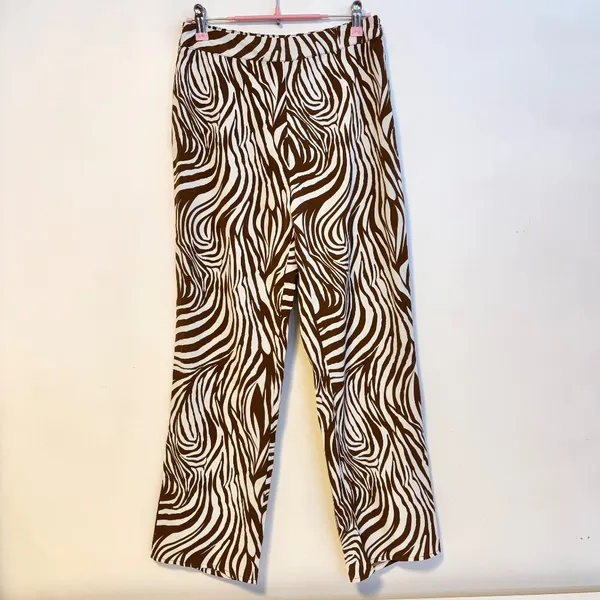 12th Tribe Mid Rise Straight Leg Ankle Trousers Pants Cream Brown Zebra Size S - Image 3