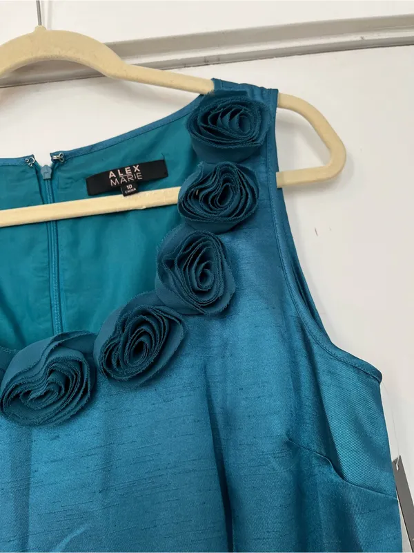 Alex Marie Teal Satin Sleeveless Rosette Neck Cocktail Dress party wedding guest - Image 3