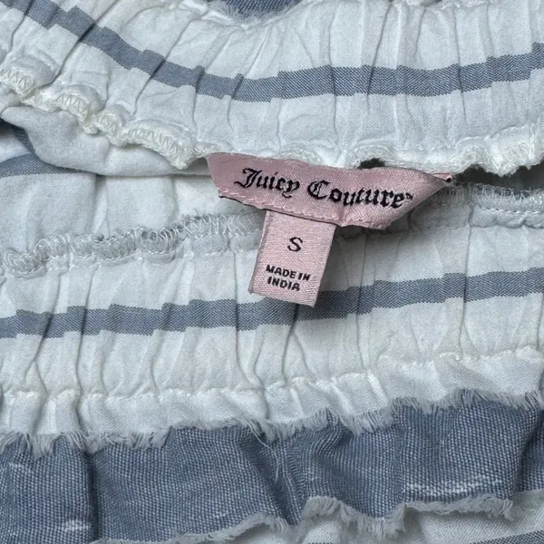Juicy Couture Striped Off Shoulder Top Blue White‎ Fringe Cotton Blouse Small - Image 4