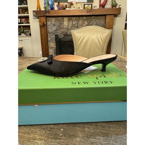 Kate Spade Darlene Black Satin Kitten Heel Mule Pointed‎ Toe Size 6.5 - Image 3