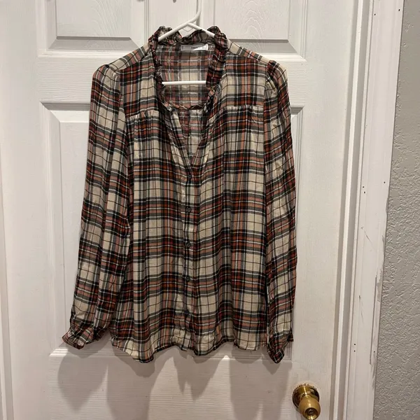 Mango MNG Womens Plaid Ruffle V-Neck Blouse Orange Black‎ Wool Blend 8 Academia - Image 2