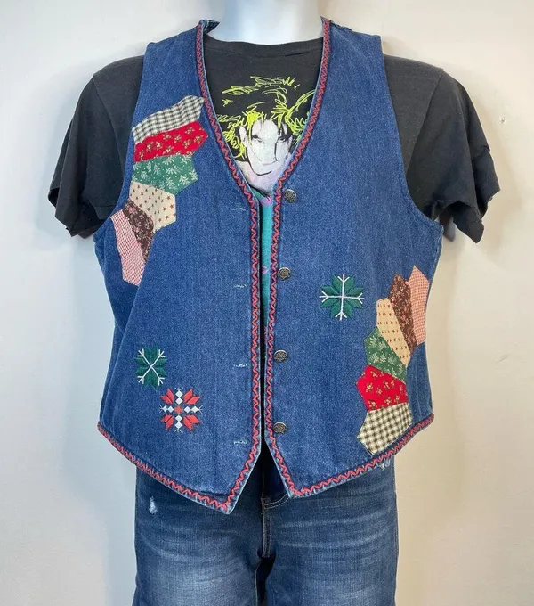 Susan Bristol Vintage Patchwork Embroidered Denim Boho Western Country Vest M - Image 9