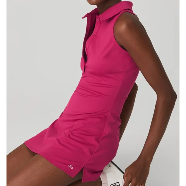 Alo Charmed Tennis Dress Magenta Crush Button-Up V-Neck Sleeveless Henley Mini L - Image 2