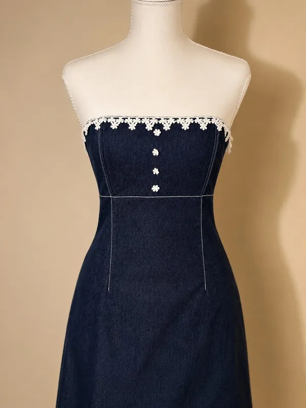 Vintage Moda International Strapless Denim Lace Dress Size 6 - Image 2