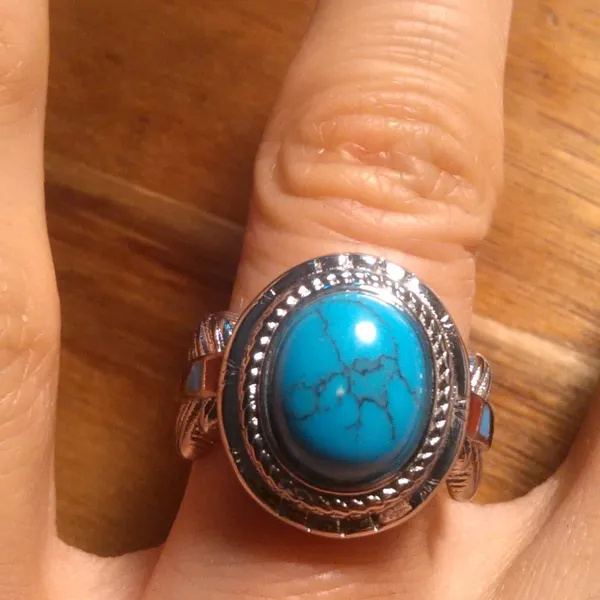 Blue Howlite and Enameled Feather Stainless Steel Ring (Size 7) - Image 10