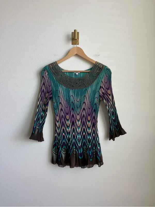 Vintage Nicola 90s Y2K Plisse Sheer Abstract Geometric Top Medium - Image 3