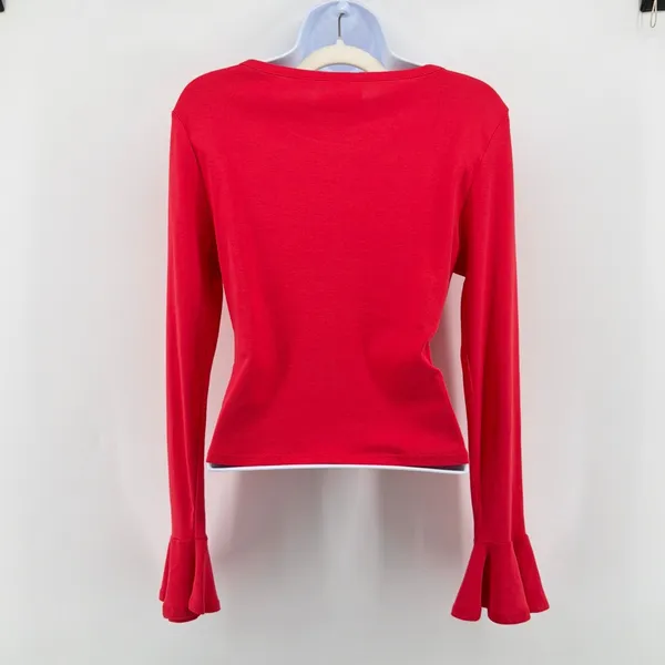 Anthropologie Maeve Red Bell Sleeve Flounce Cuff Scoop Neck Cotton Top Small S - Image 3