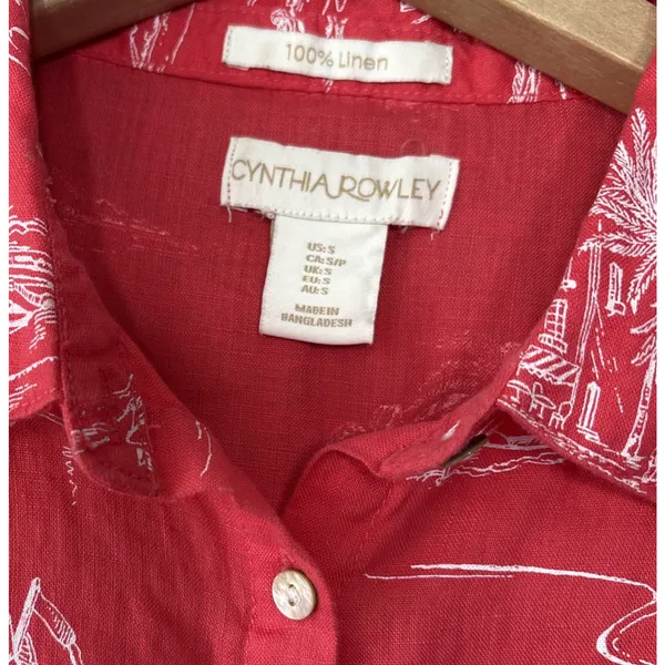 Cynthia Rowley Linen Top Size Small Red Button Up Shirt Sailboat Ibiza Style - Image 4