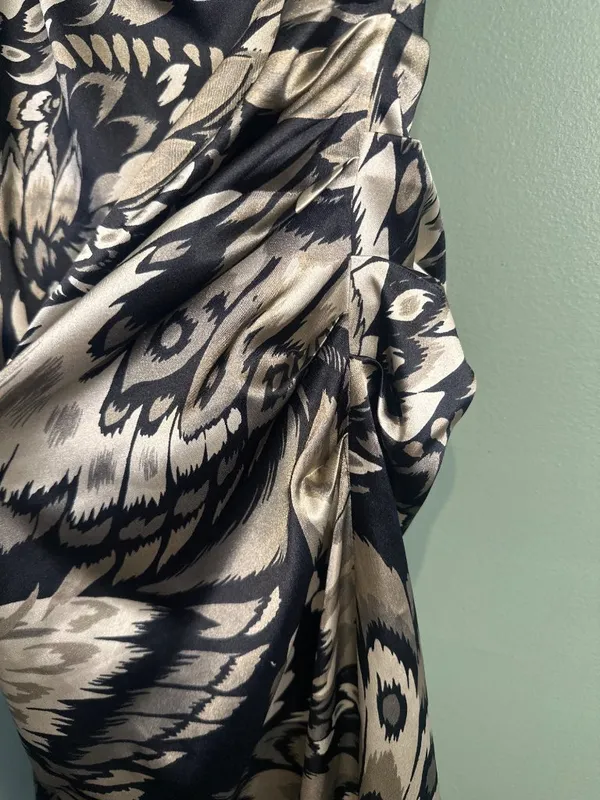London Times Womens 6 Midi Dress Ruched Draped Abstract Feather Cocktail Y2K - Image 3
