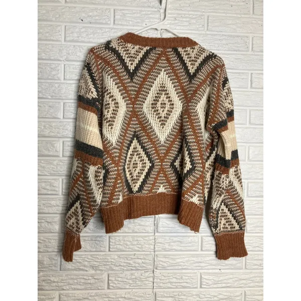 POL Sweater Womens Medium Brown Geometric‎ Diamond Knit Crochet Trim Good JST600 - Image 6