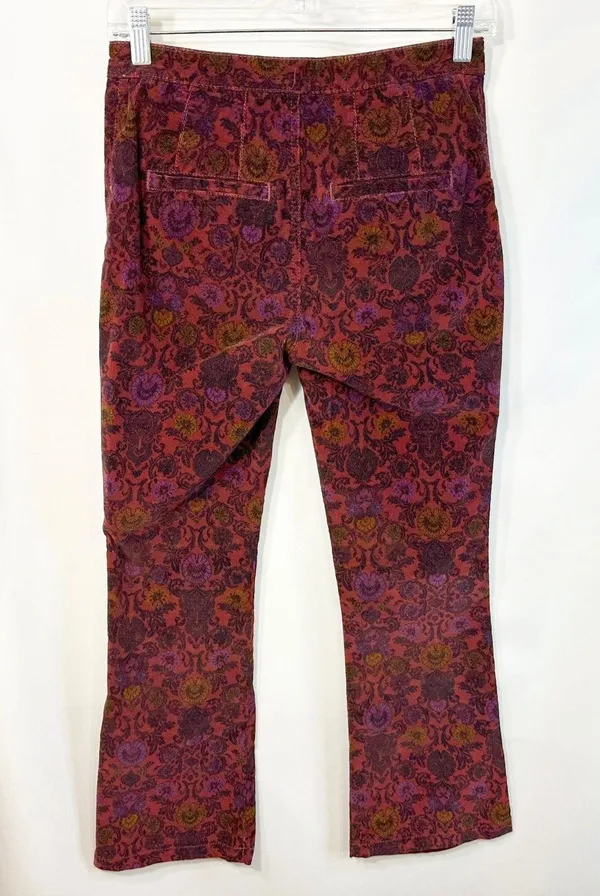Free People Size 2 Corduroy Flare‎ Pants Burgundy Damask Floral Boho Gothic 1824 - Image 2