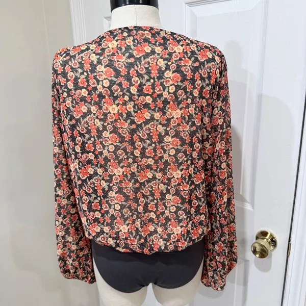 Free People Intimates Floral Chiffon Long Sleeve Bodice Bodysuit Small Black Red - Image 3
