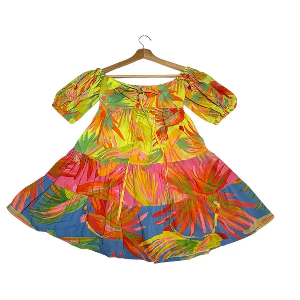 Farm Rio Tropical Print Puff Sleave Mini Dress XS Resort Vacation Sundress - Image 5