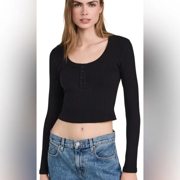 Reformation Billie Knit Top Ribbed Cropped Black Long Sleeve Medium $98 - Image 3