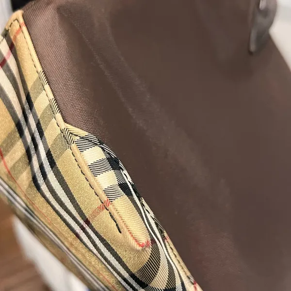 Auth BURBERRY BLUE LABEL Tote Bag Nova Check Brown Nylon Black Leather - Image 8