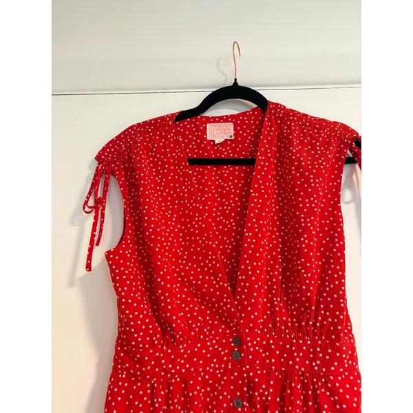 Needle & Thread Red Polka Dot Button Front Midi Dress Tie Sleeve V-Neck Medium - Image 2