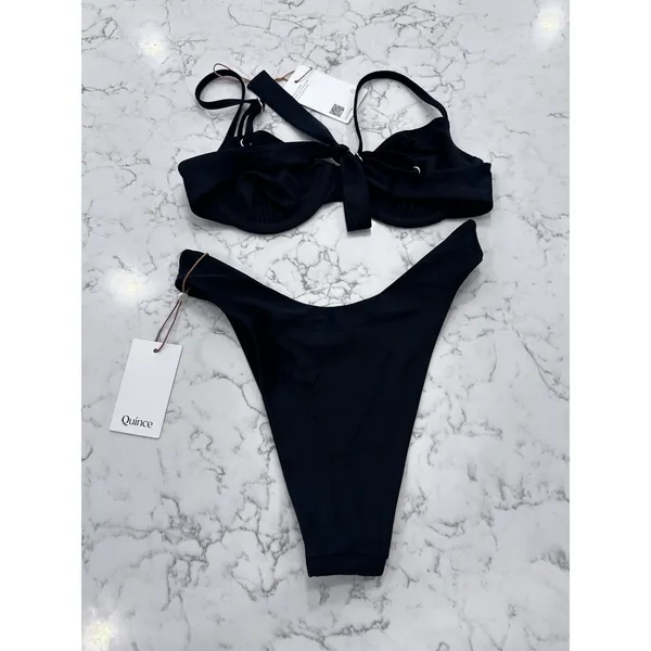 NWT Quince Black Italian Demi Bikini Top & High Rise High Leg Dipped Bottom Set - Image 2