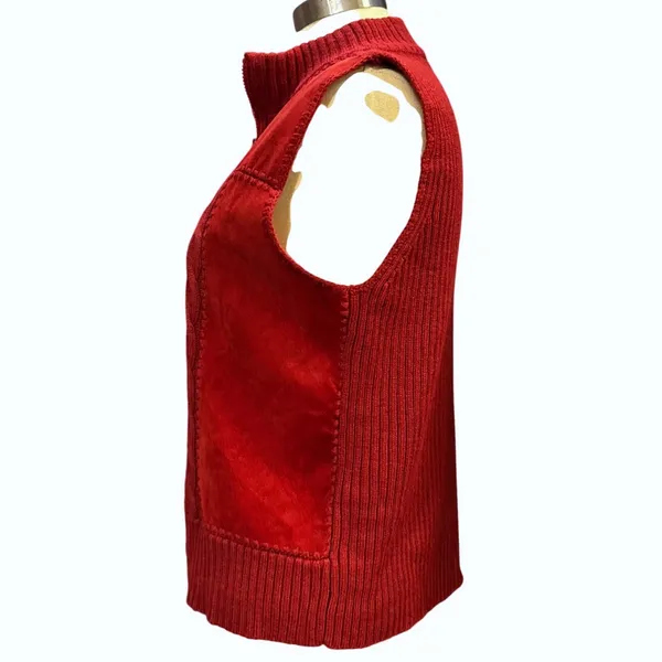 VTG Designers Studio M Suede Leather Knit Vest Red Boho Western Rustic Holiday - Image 2