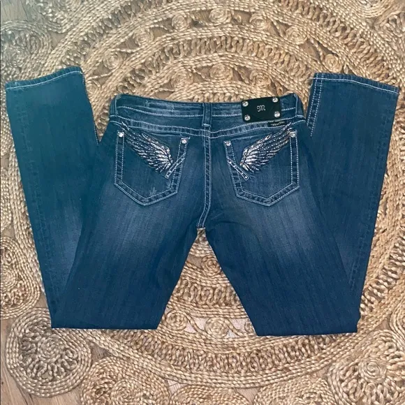Women's MissMe 31 straight Blue Jeans with Wing Embroidery - Image 2