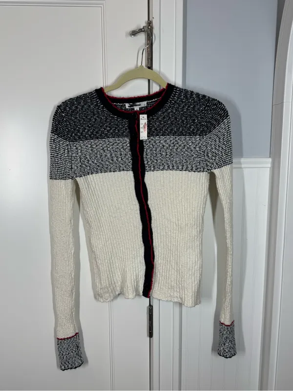 Madewell Striped Bouclé-Knit Cardigan Ivory And Navy Multi Stripe medium NEW - Image 2