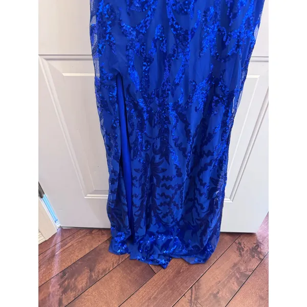 Ryanth Royal Blue Sequin‎ Open Back Maxi Dress V-Neck Slit Size 6 NWT - Image 3