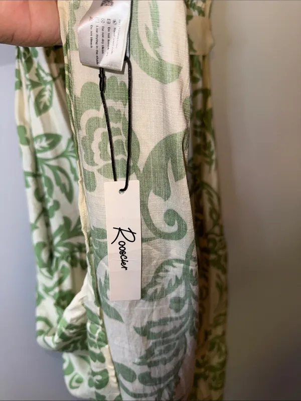 Sleeveless Cream Maxi Dress with Green Floral Print and Waist Tie - Image 8
