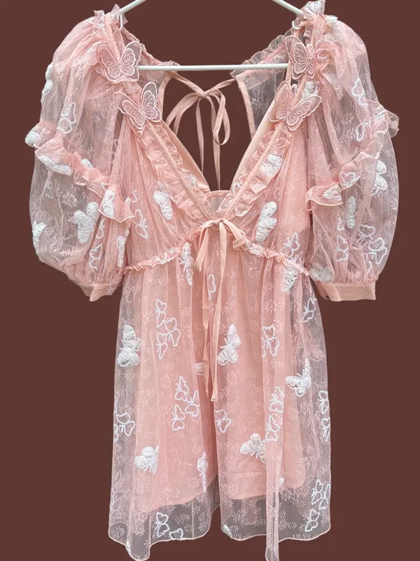 NWT For Love & Lemons Shari Sequined Butterfly Lace Puff Slv. Dress Size Small - Image 5