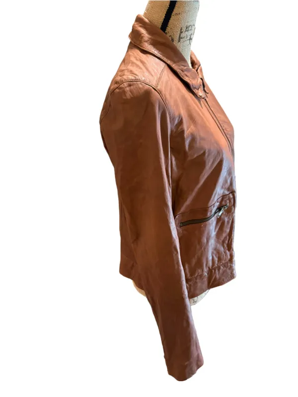 Hinge Zip Pocket Leather Jacket Brown Size 1 (19” PTP oversized) NWT - Image 4