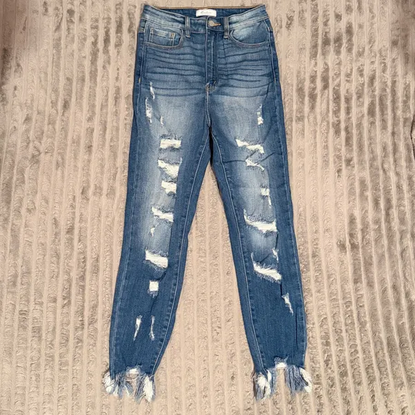KanCan Signature Skye High Ankle Skinny Jeans Distressed Frayed Hem Blue Size 26 - Image 2