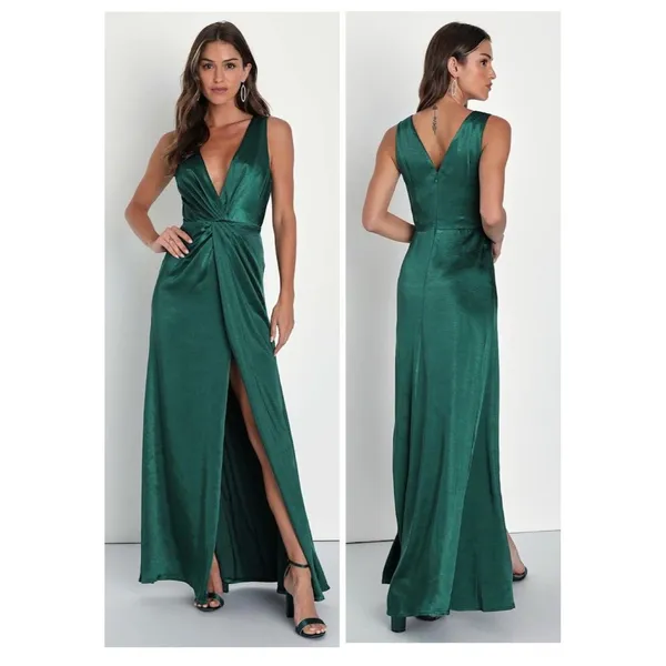 Lulus Perfect Refinement Emerald Satin Sleeveless Pleated Maxi Dress Size Small - Image 2
