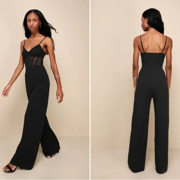 LULU's Sexy Chic Elegant Sheer Bustier Corset Black Wideleg Jumpsuit Pantsuit - Image 4